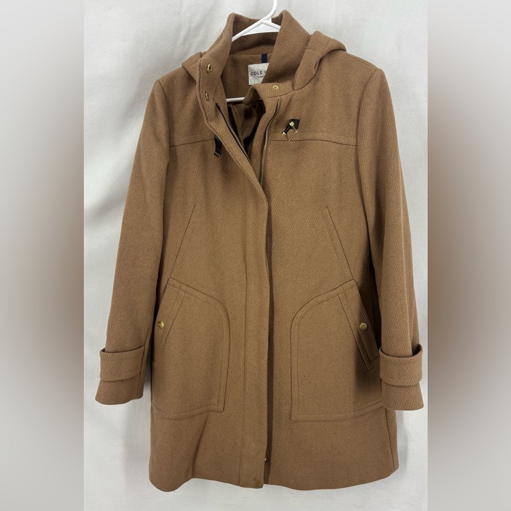 Cole Haan Signature Wool Blend Camel Coat Size 6 Zip Front Gold Snap Details